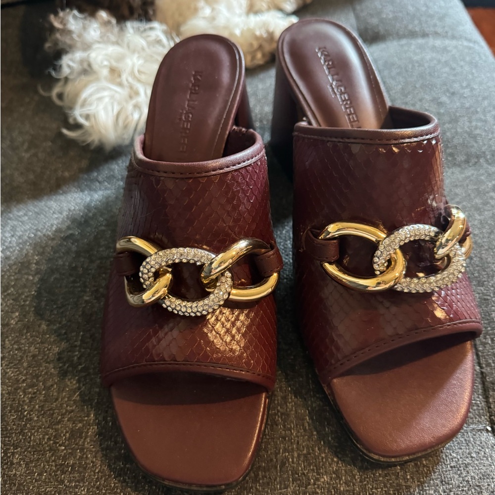 Authentic never worn Karl block heel sandals